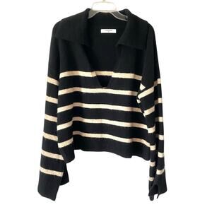 COMMENSE Oversized V-Neck Black Taupe Tan Pullover Sweater size XL Bell Sleeve